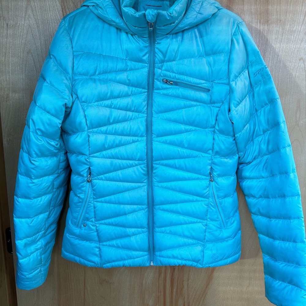 Spyder Down hooded puffy coat jacket Blue Turquoise size M women’s